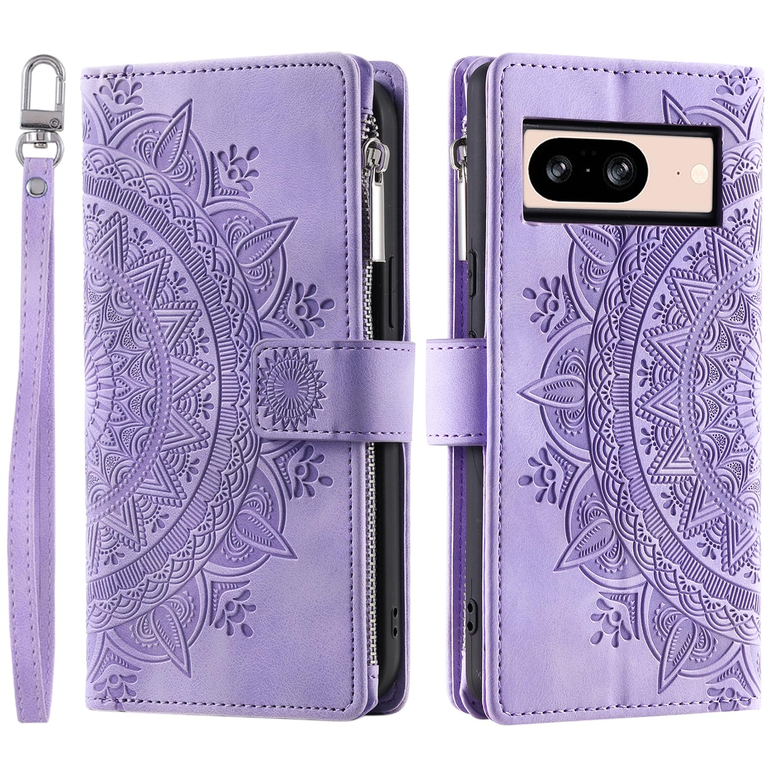 VEEMOS Wallet Case for Google Pixel 8 Flower Flip Case Protective Leather Folio Book Phone Cover with Card Slots Kickstand Zipper Pocket - Purple