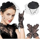 Fascinator Hats for Women Tea Party Hats and Gloves Pearl Jewelry Set Derby Hat Pillbox Wedding Cocktail Funeral Veil