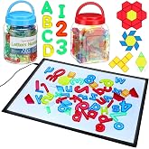 Kanayu Adjustable Brightness LED Light Panel 18" Classroom Light Table with 245 Translucent Pattern Blocks Letters Board Numbers for Sensory Play Creative Exploration Kids Home Learning Counting