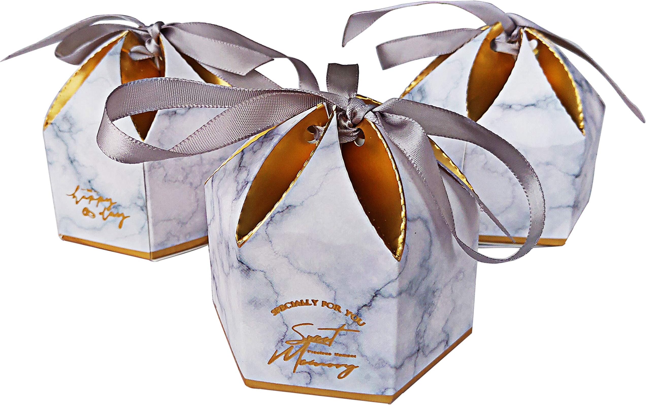 Lontenrea 50 Pcs Hexagonal Petal Candy Boxes Wedding Birthday Party Favor Gift Box with Grey Ribbon Decoration (Grey Marble)