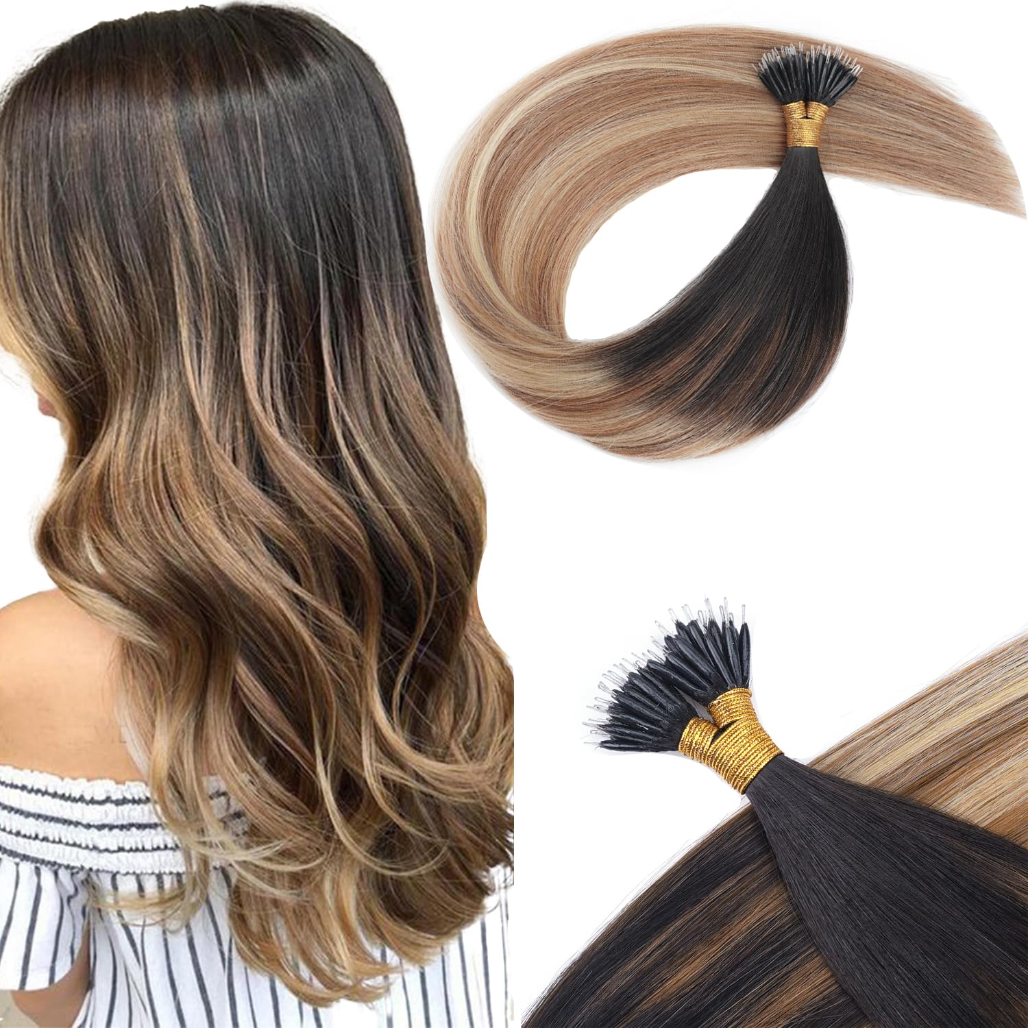 KOCONI 16 Inch Nano Ring Hair Extensions - Real Human Hair Nano Beads - Balayage Natural Black to Chestnut Brown with Medium Blonde - 50g #1B/6/22 — image 1