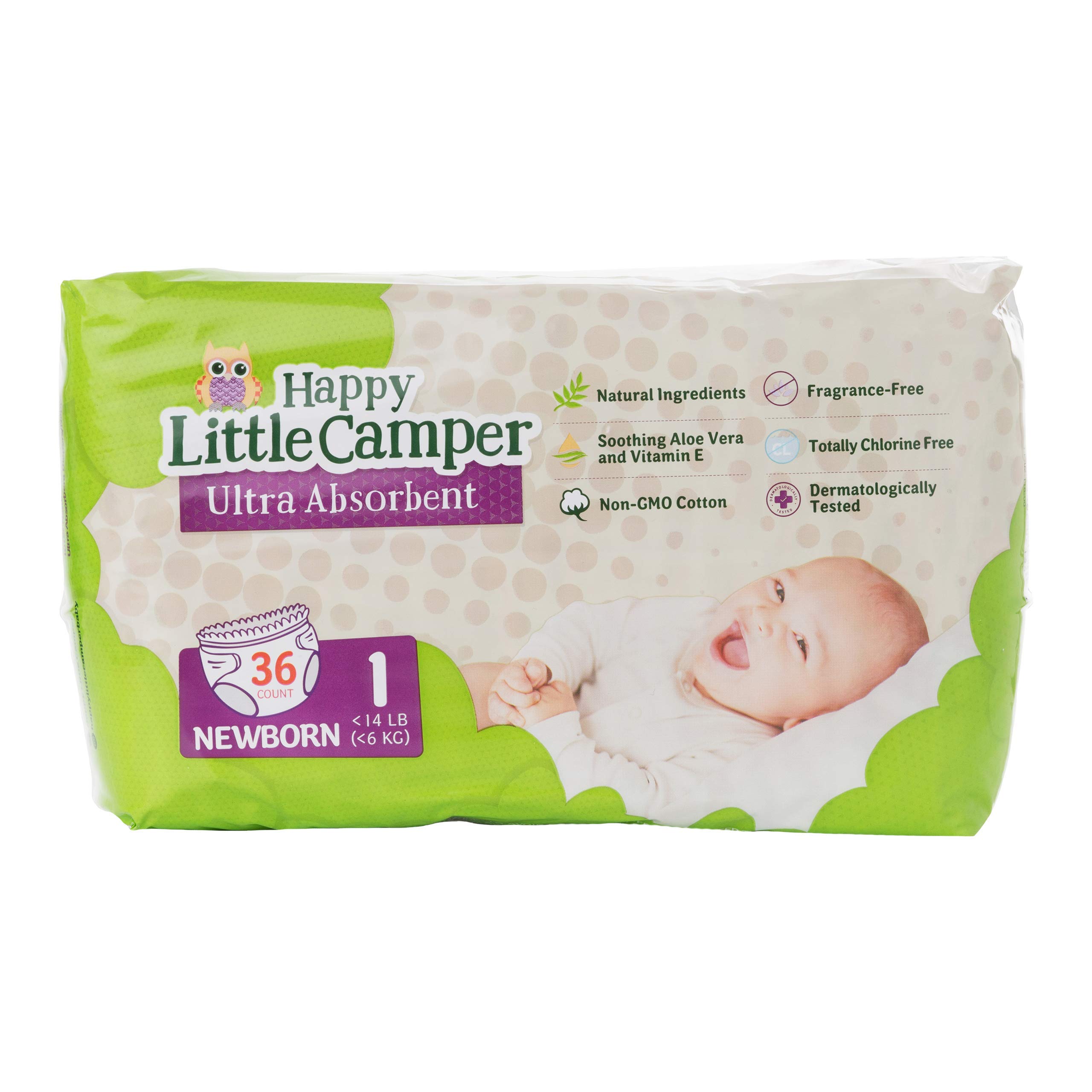 Happy Little Camper Natural Diapers, Size 1 (<14 lbs) - Disposable Cotton Baby Diapers with Aloe, Ultra-Absorbent, Hypoallergenic and Fragrance Free for Sensitive Skin, 36 Count