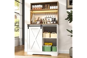 Linkriseed Farmhouse Coffee Bar Cabinet with LED Light, 55 Inch Bakers Rack with Storage, Large White Coffee Bar Hutch with 6 Hook, Kitchen Buffet Cabinet with Sliding Barn Door for Living Dining Room