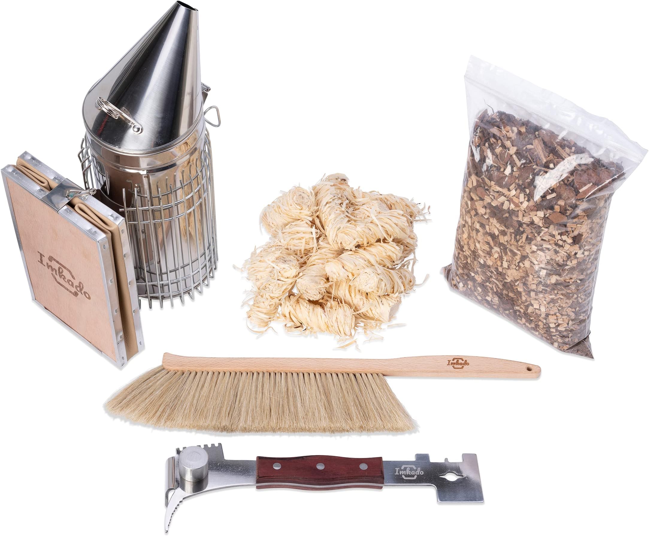 Imkado XL Beekeeper Set - Stainless Steel Smoker, Hive Tool, Bee Brush, Multifunctional Tool, Smoker and Lighting Fuel