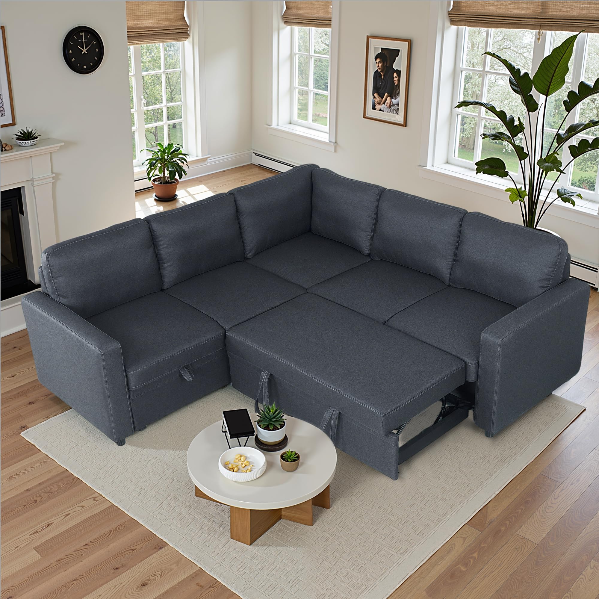 Photo 1 of ChicFurnit 83" Pull Out Sleeper Couch with Storage Chaise, Couch, Sofa Bed, Convertible L Shaped Sofa for Living Room, Apartment, Black Grey