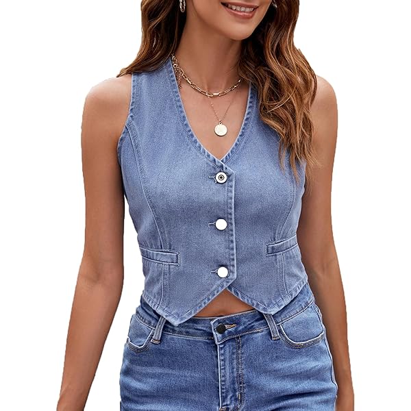 MUYDZ Women's Denim Vest Button Down Sleeveless Y2K V Neck