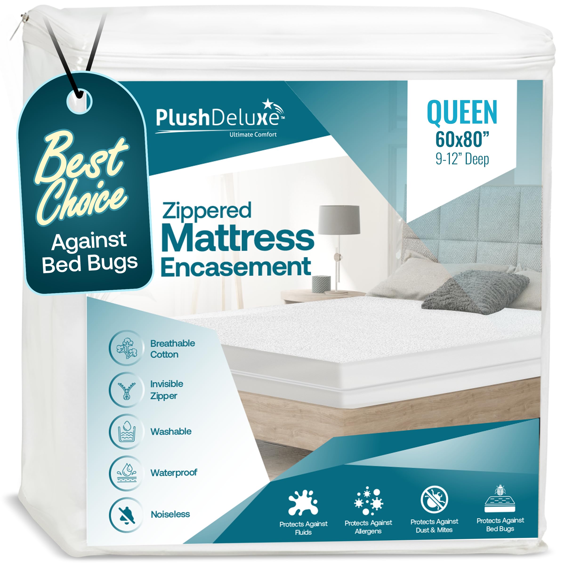 PlushDeluxe Queen Size Premium Mattress Encasement - Zippered Waterproof, Bedbug Proof Design, 6-Sided Protection - Hypoallergenic Cotton Terry Fabric 9-12" Depth