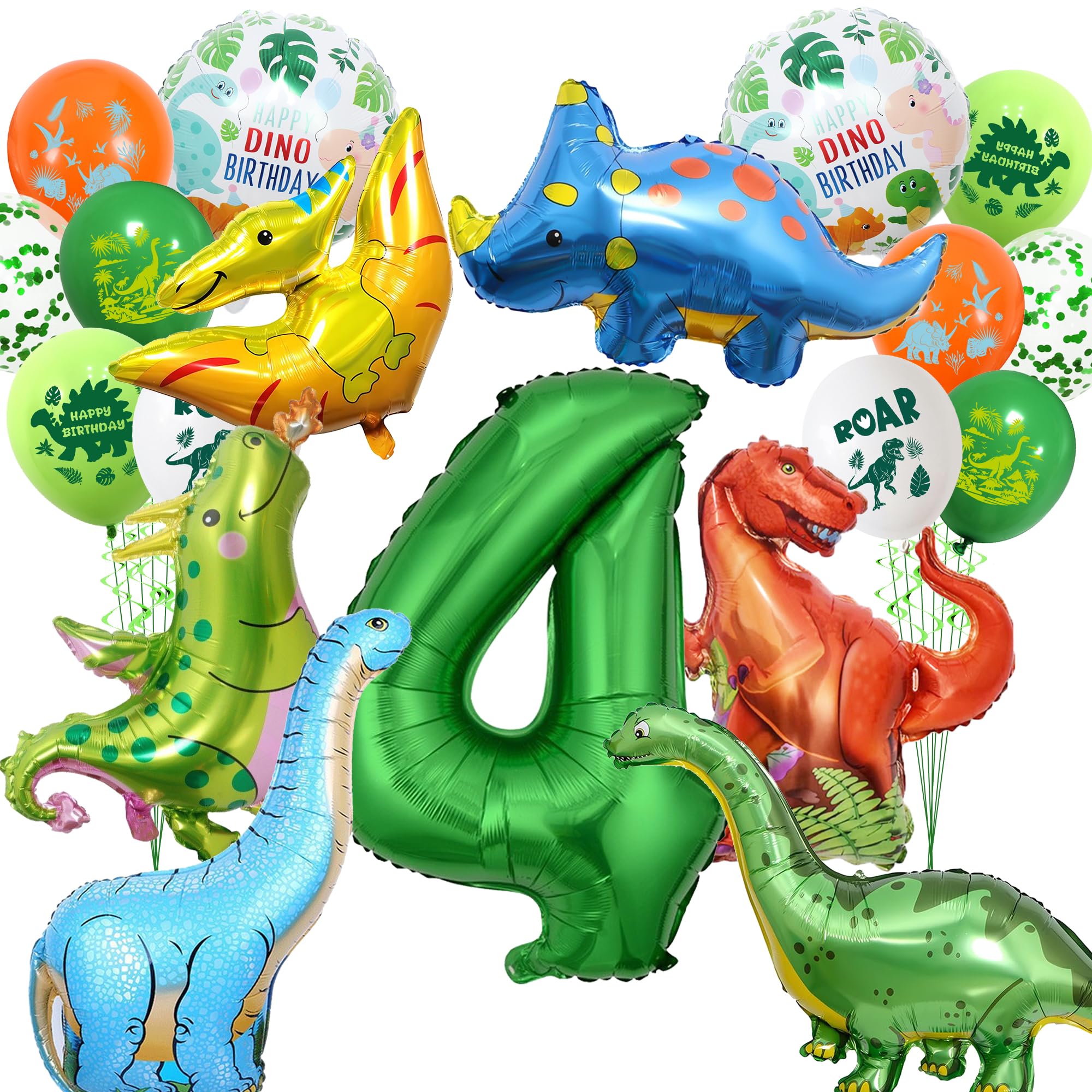 Dinosaur 4th Birthday Decorations Balloons - Dino Party Supplies Set with Green Letter Giant Number Foil Balloon, Jungle Theme Latex Balloons for 4 Years Old Kids Birthday Party — image 1