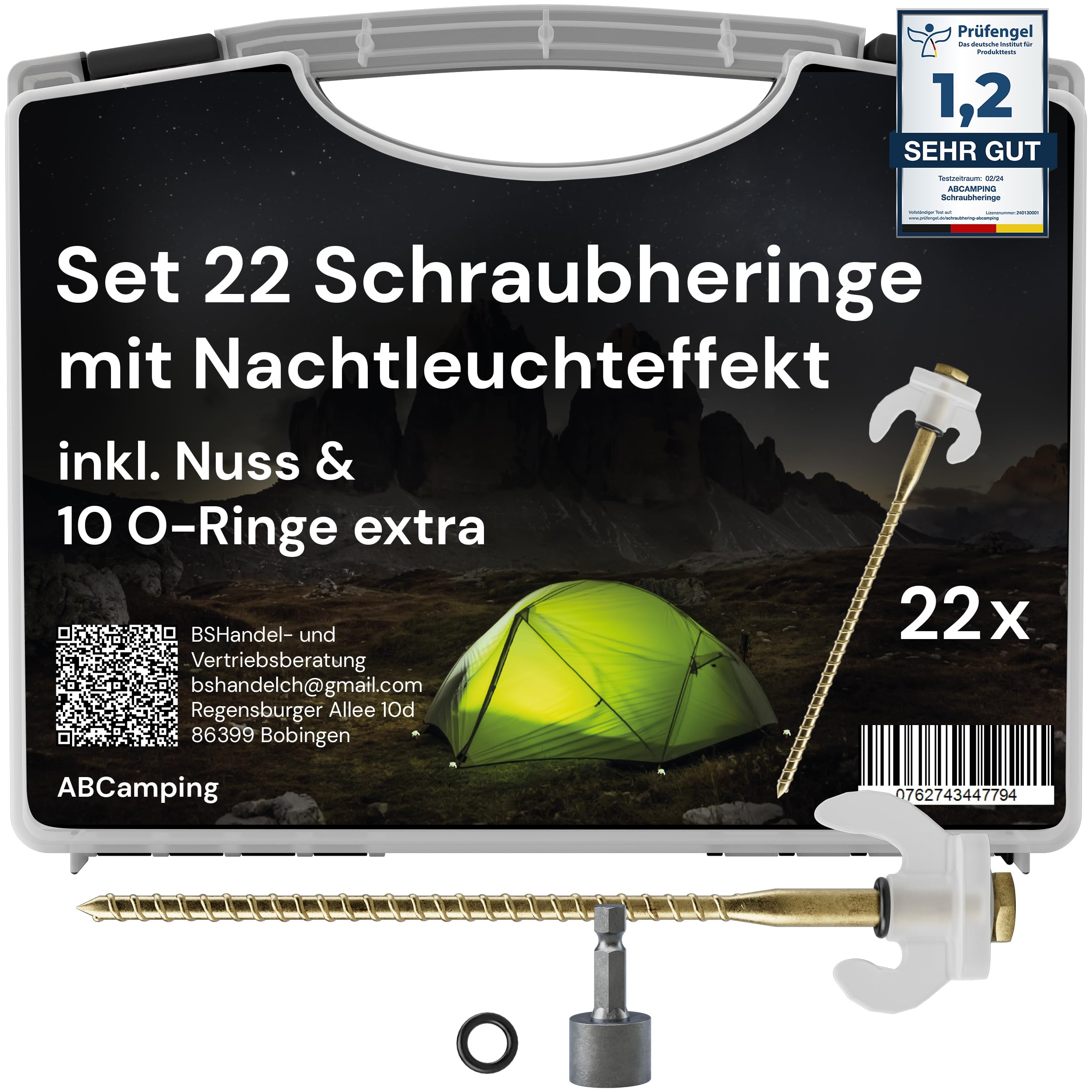 ABCamping ANCHOR_STAKE Set - 22 Pieces Steel Pegs for Soft to Hard Floors with Luminous Plastic Hooks, Includes Transport Box & Screwdriver Attachment