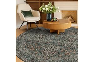 HAZO HAUS Washable Round Area Rug for Living Room, Soft Round Rugs 6ft Non Slip with Rubber Backing, Vintage Large Circle Carpet for Bedroom Kitchen Nursery, Dark Green Floral Décor