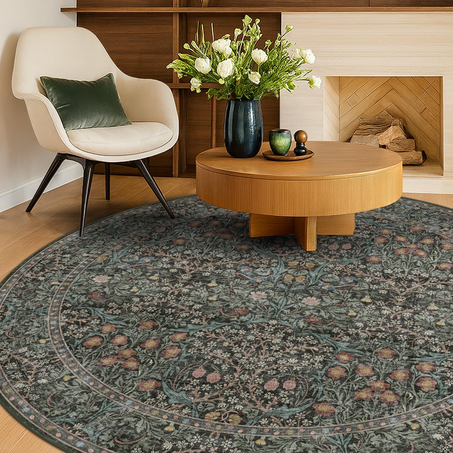 Washable Round Area Rug for Living Room, Soft Round Rugs 6ft Non Slip with Rubber Backing, Vintage Large Circle Carpet for Bedroom Kitchen Nursery, Dark Green Floral Décor