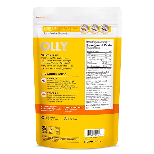 OLLY HELLO HAPPY GUMMY WORMS, MOOD BALANCE SUPPORT, VITAMIN D, SAFFRON, ADULT CHEWABLE SUPPLEMENT, GLUTEN FREE, TROPICAL ZING – 90 COUNT