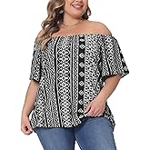 Agnes Orinda Plus Size Summer Boho Shirt Top for Women Off Shoulder Short Sleeve T-Shirts Casual Blouses Tops