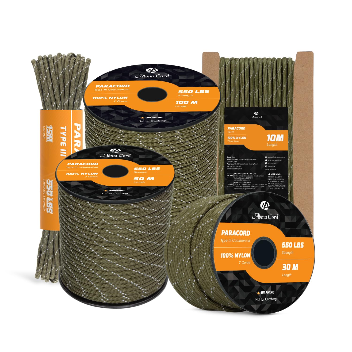 Abma Cord Paracord 550 4mm 15m 100% Nylon Rope Type III 7 Strands Parachute Cord for DIY, Camping, Survival, Outdoor - Max. 250kg - Reflective Army Green