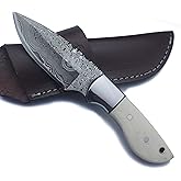 WolfKlinge Handmade Damascus Steel Fixed Blade Knife with Full Tang Bone Handle and Premium Buffalo Hide Leather Sheath for EDC, Fishing, Hunting, Camping, Skinning & Survival DCX17-7