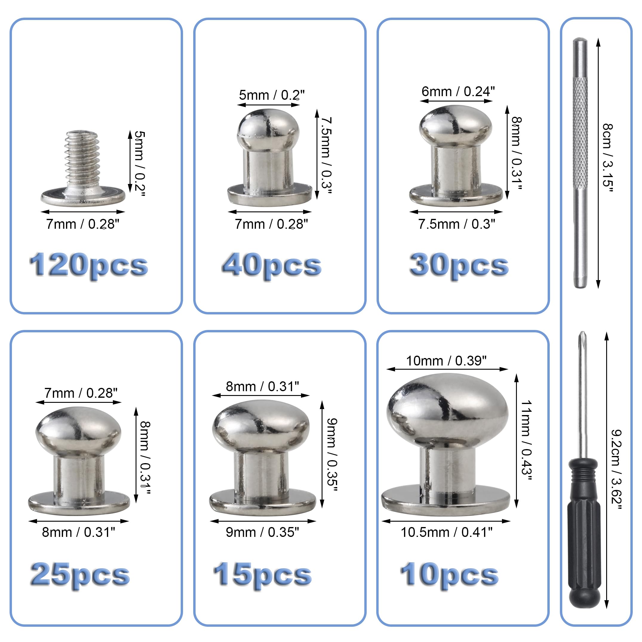 YORANYO 120 Sets Round Head Button Stud Assorted Sizes Button Screw Stud for Leather Chicago Screws Spikes and Studs Silver Leather Rivets for Repair Decorate Clothing Shoes Belts Bags Dog Collars
