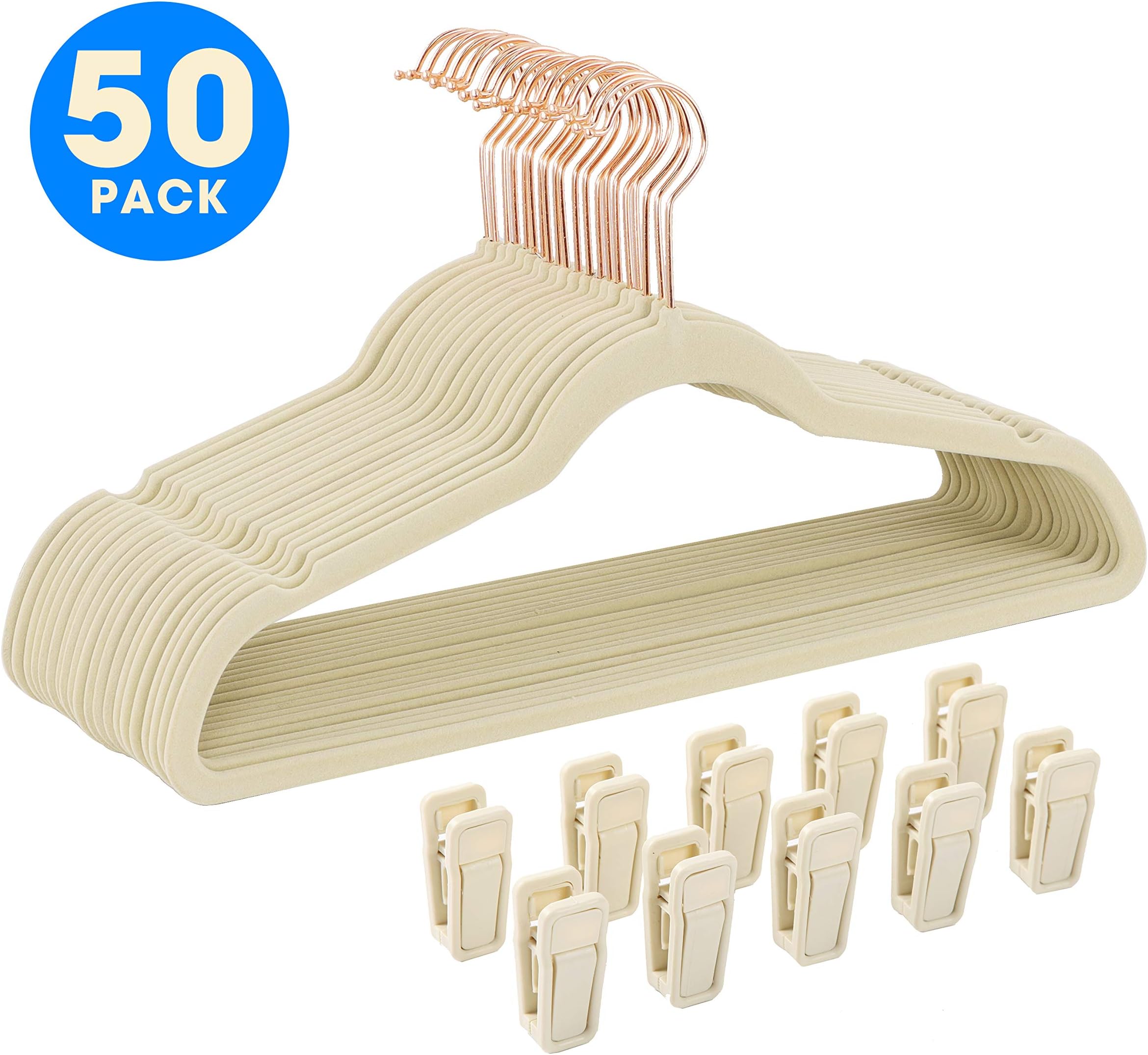 Finnhomy Heavy Duty 50 Pack Clothes Hangers with 10 Multiple Use Finger Clips, Non-Slip Sturdy Velvet Hangers, Durable Slim-Line Clothing Hangers with Copper/Rose Gold Hook, Beige