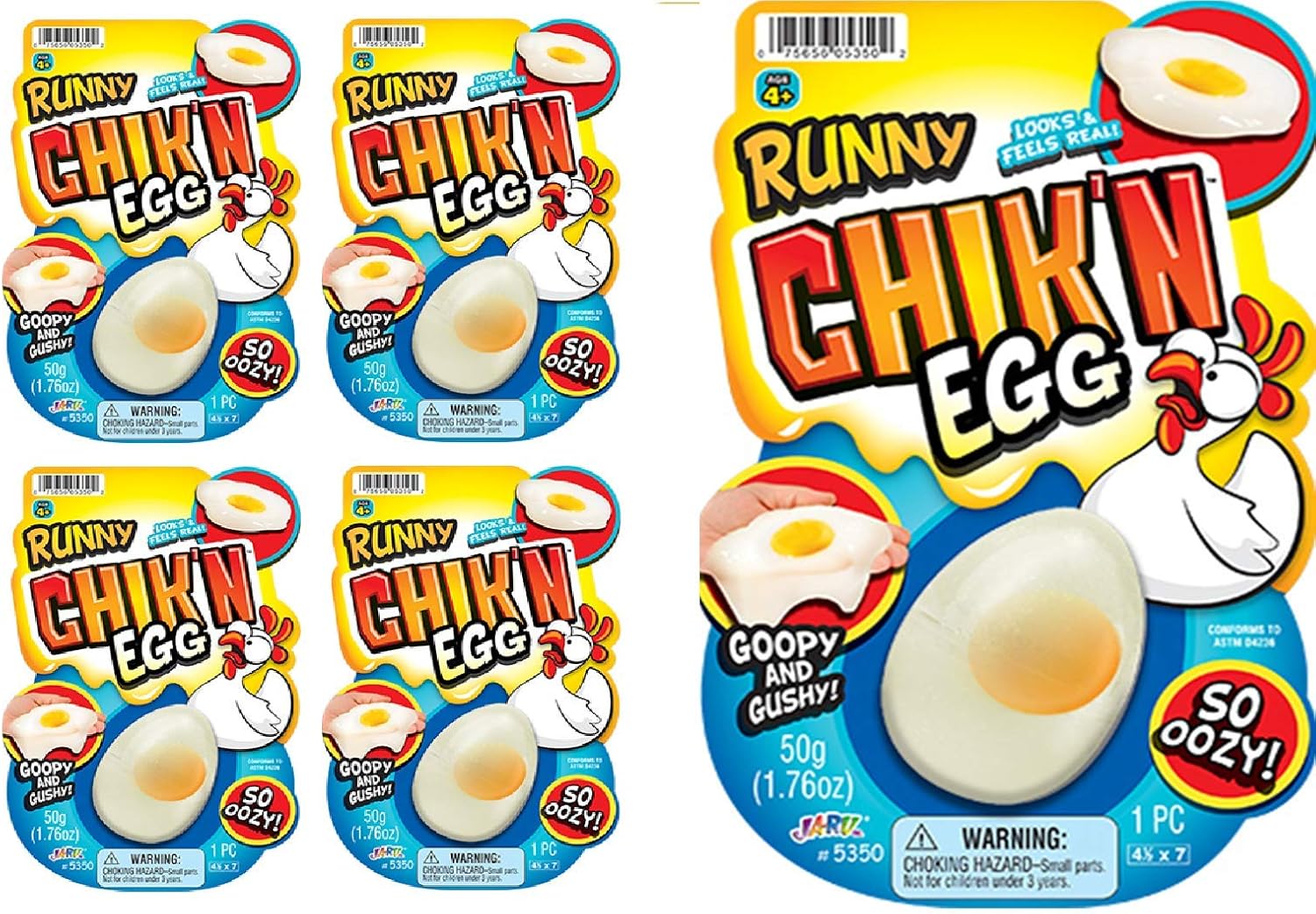 JA-RU Egg Slime Realistic Chicken Egg (Pack of 4) Funky Slimy Eggs Splat Squishy Stress Toy Great Prank Gag Party Favors Easter Toys Supply for Kids and Adults. Plus 1 Bouncy Ball. # 5350-4p