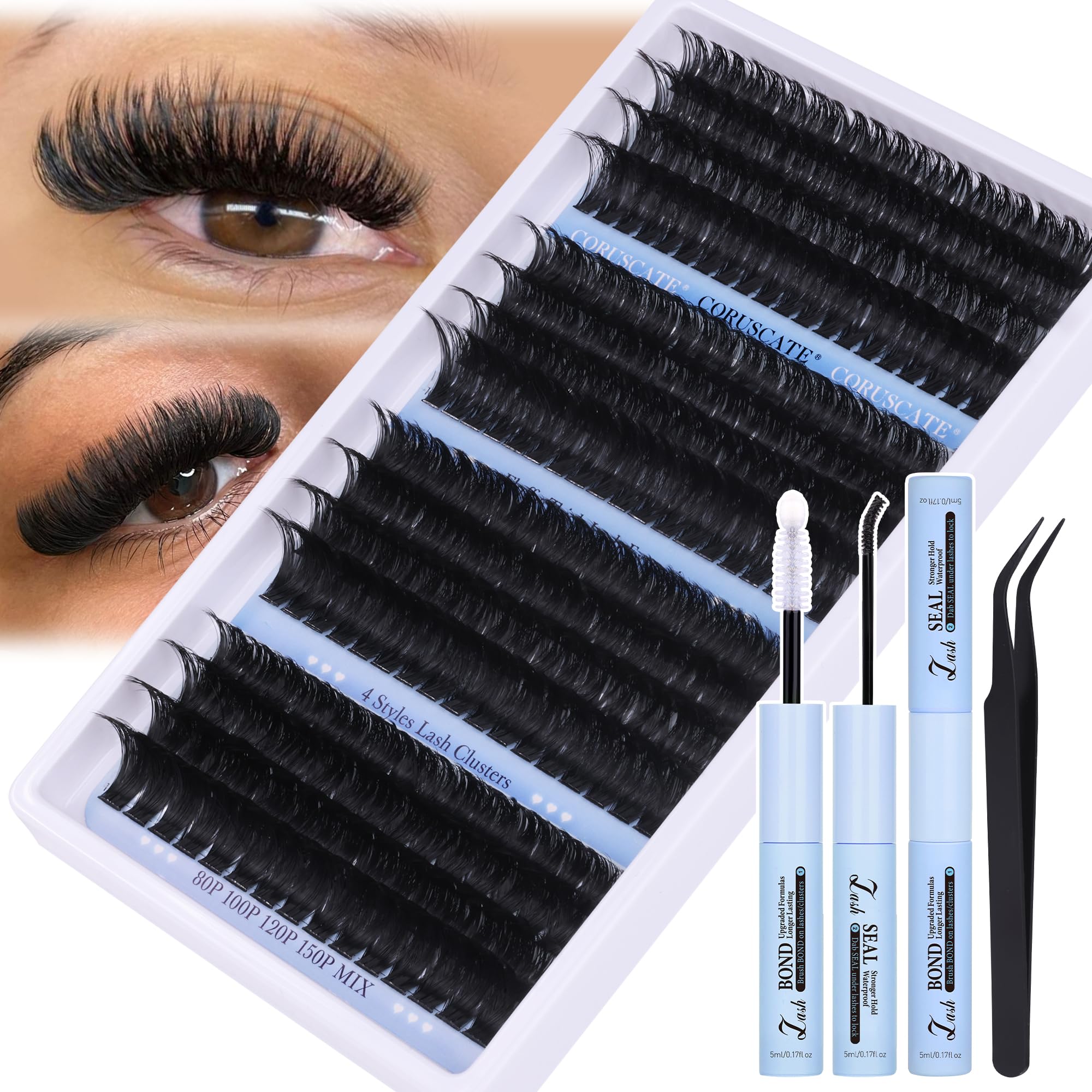 CORUSCATE Cluster Lashes Kit Long 14-20mm Eyelashes Individual Kit 80D-150D Thick Lashes Individual Cluster Russian Strip Lash D Curl DIY Lash Extension 284pcs with Lash Bond and Seal Tweezers — image 1