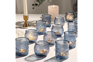 TRIRITE 36pcs Votive Candle Holders, 2x2.5inchs Blue Elegant Glass Votives & Tealight Candle Holders for Wedding Centerpieces Party Decorations and Home Decor for Tables (Blue)