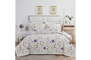 GREEN ESSEN Purple Blue Green Floral Quilts Dandelion Bedspread Twin Size Lightweight Summer Flower Bedding Garden Botanical Coverlet Soft Rustic Blanket Cabin Home Decor
