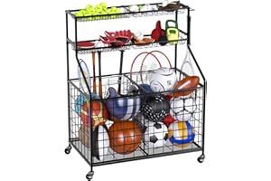SUXXAN Sports Equipment Garage Organizer, Ball Storage Rack for Sports Gear and Toys, Large Capacity Rolling Ball Cart with Wheels for baskball Baseball Skate Rugby
