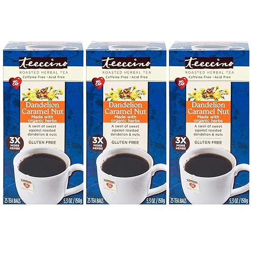 Teeccino Dandelion Caramel Nut Chicory Herbal Tea Bags, Gluten Free, Caffeine Free, Acid Free