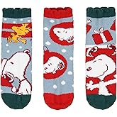 Bioworld Peanuts Adult Snoopy and Woodstock Holiday 3 Pair Chenille Quarter Crew Socks with Scalloped Cuff (Sock Size 9-11)
