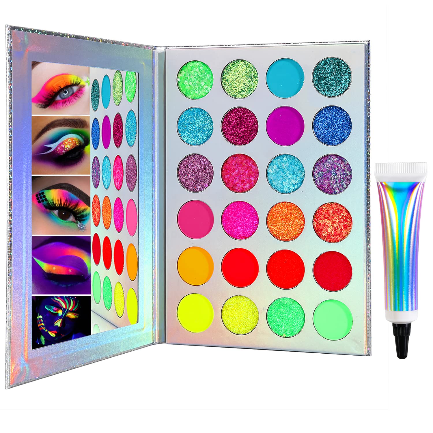 Halloween Neon Glow In Dark Eyeshadow Palette, Afflano UV Blacklight Neon Glitter Eyeshadow Pallet + Primer, Colorful Blue Red Orange Purple Green Glitter Eye Shadow SFX Joker Skull Make-up Palettes