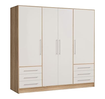 Havnyt Jupiter Bedroom White Wardrobe 4 Door 6 Drawer With Sonoma