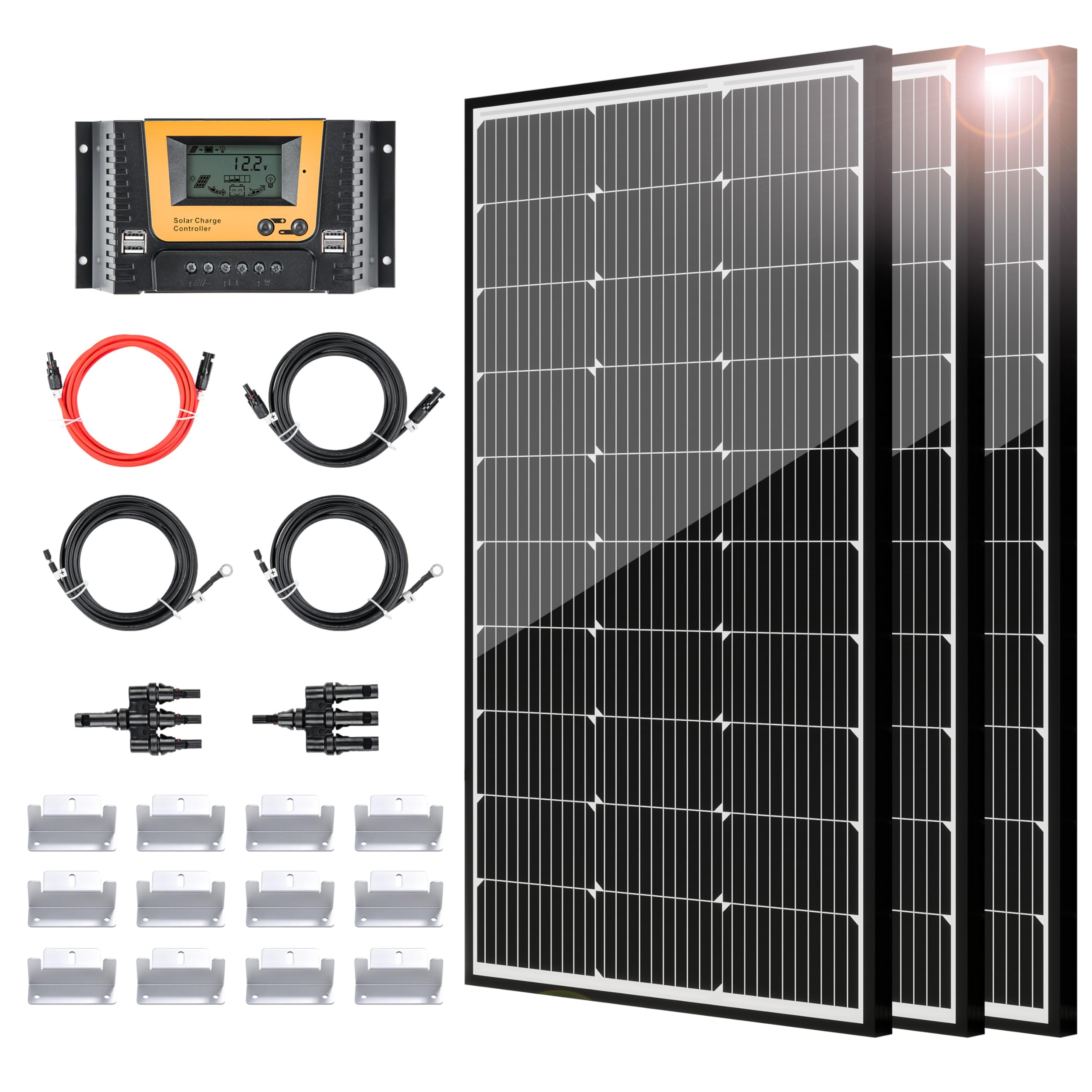 Photo 1 of JJN Solar Panel Kit 300 Watt 12 Volt Monocrystalline Solar Panels with 40A PWM Charge Controller 2 Pair Solar Panel Cables 3 Set Z Brackets 4 Way Connector for RV Camper Marine Boat Off Grid System