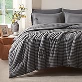 Voguease Queen Comforter Set, Comforters Queen Size Luxury Ultra-Soft Jersey Knit Bedding Sets, Strip/Dark Gray Lightweight Down Alternative Bed Comforte Queen for All Season, 3 Piece Bedding Setrey