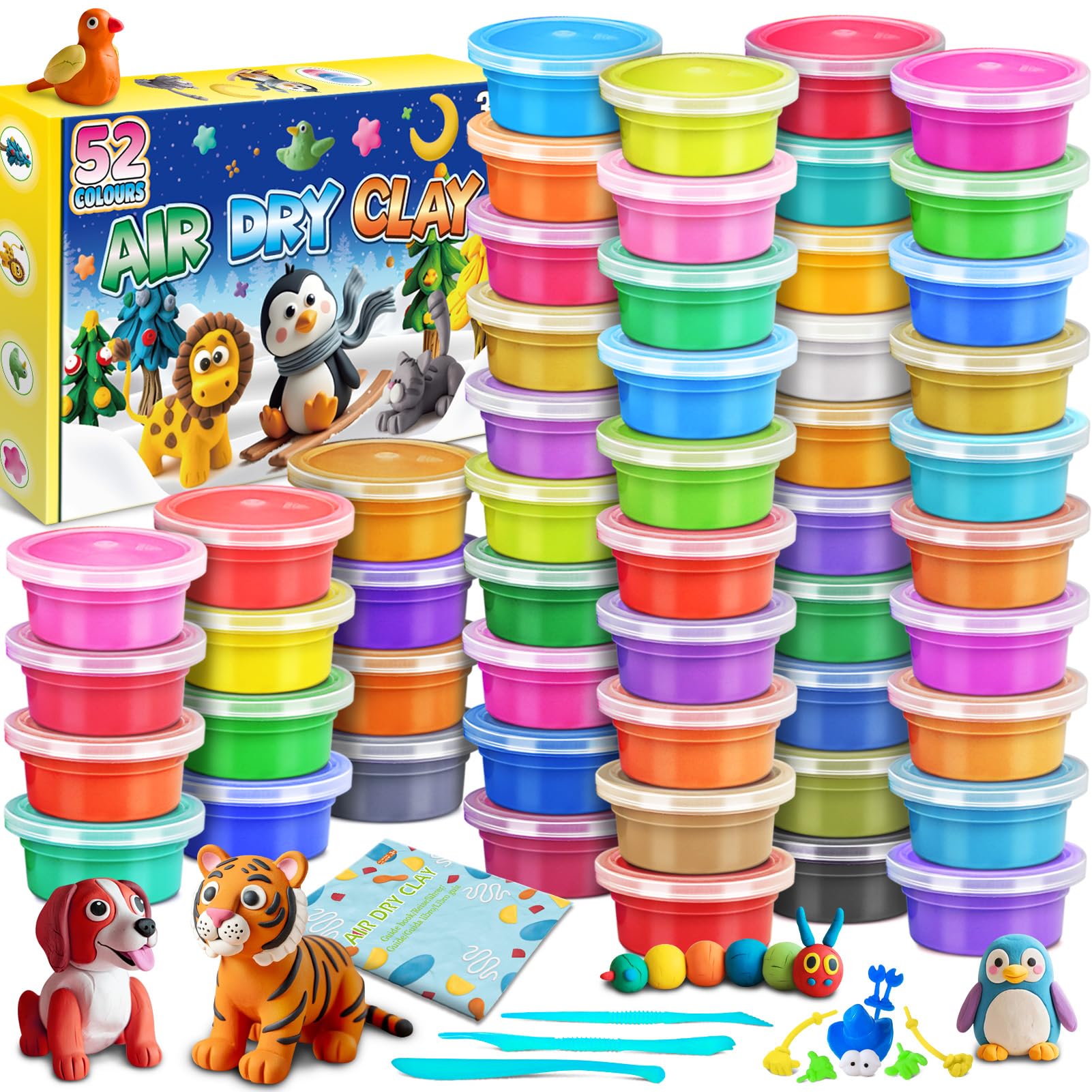 FENSHWIN Air Dry Clay, 52 Colours Modelling Clay for Kids, Craft Kit for Kids Boys Girls Toys