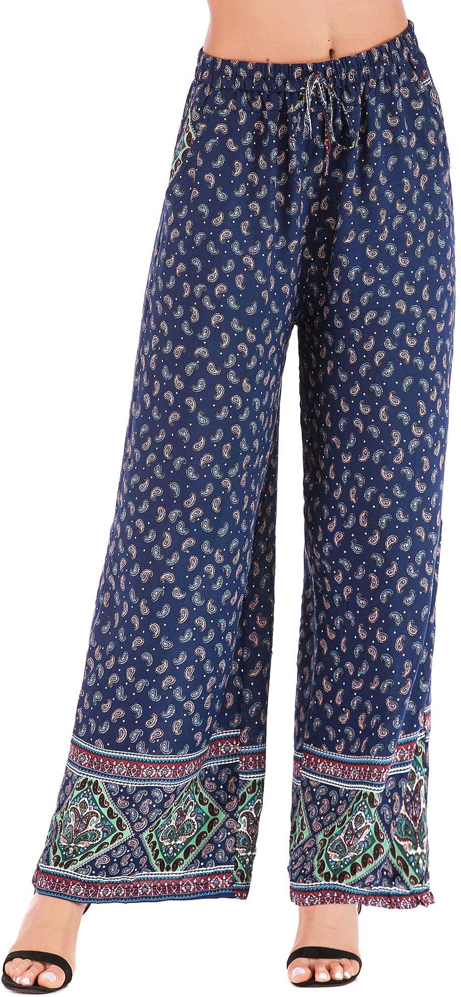 Women's Summer Wide Leg Elastic High Waist Printed Boho Hippie Palazzo Pants Plus Size