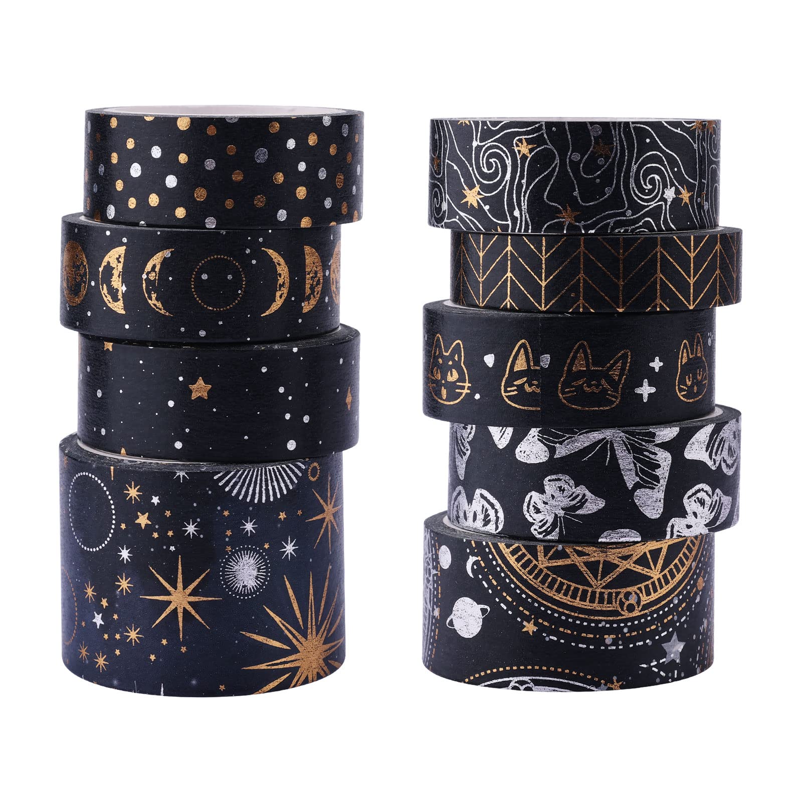 SAVITA 9pcs Washi Tape Set, 4 Sizes Foil Black & Gold, Dark Night, Cute Stars & Galaxy Geometric Patterns for DIY Crafts, Scrapbook, Notebook