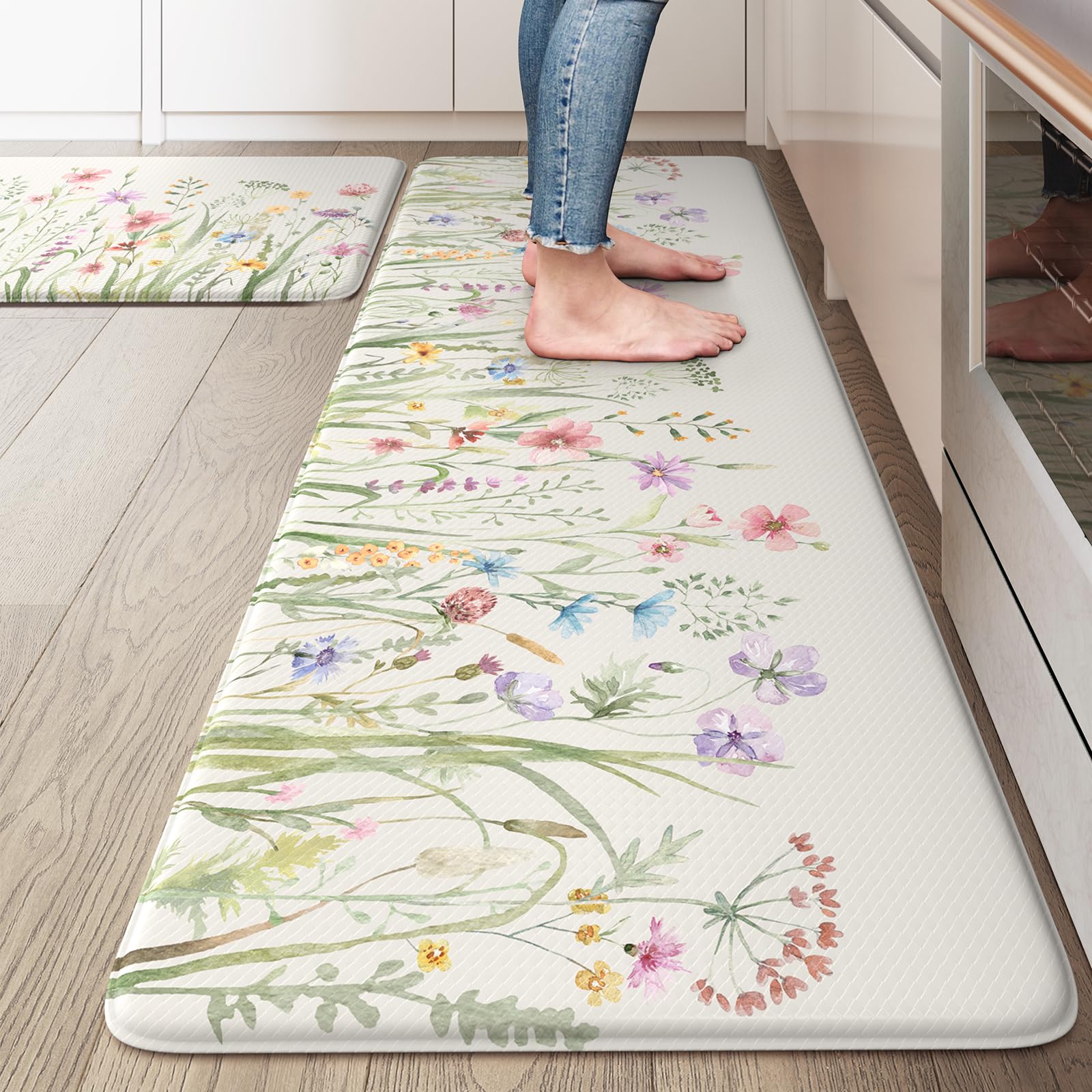 KIMODE Anti Fatigue Kitchen Mats for Floor, Farmhouse Floral Kitchen Rugs 20"x47"+20"x32", Non Slip Waterproof Kitchen Floor Mats, Comfort mats for Kitchen Floor, Sink, Laundry, Desk White Image