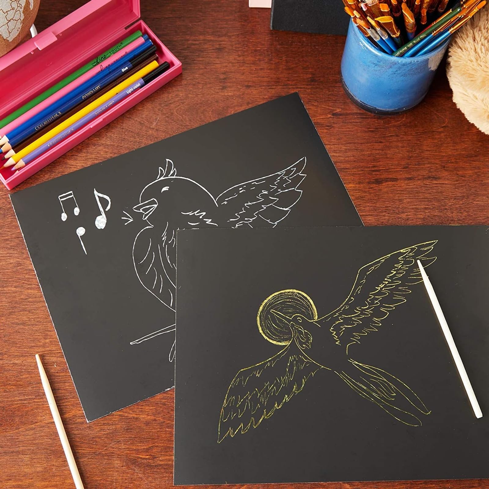 Bright Creations Scratch Art Paper - 8.5 x 11 in, 38 Pieces, Gold & Silver Foil - Metallic Scratch Art Paper Featuring Wooden Styluses & Stencils for Kids & Adults