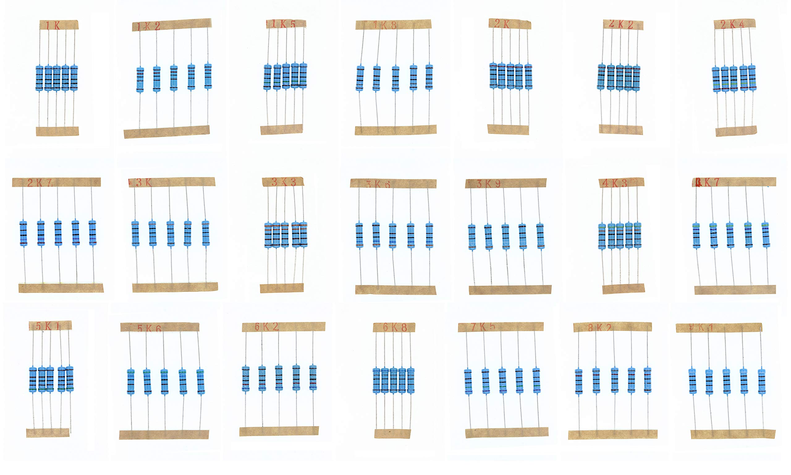 HUABAN 5PCS * 21 Values 2W 2 Watts 1K 1K2 1K5 1K8 2K 2K2 2K4 2K7 3K 3K3 3K6 3K9 4K3 4K7 5K1 5K6 6K2 6K8 7K5 8K2 9K1 Ohm 1% Metal Film Resistor
