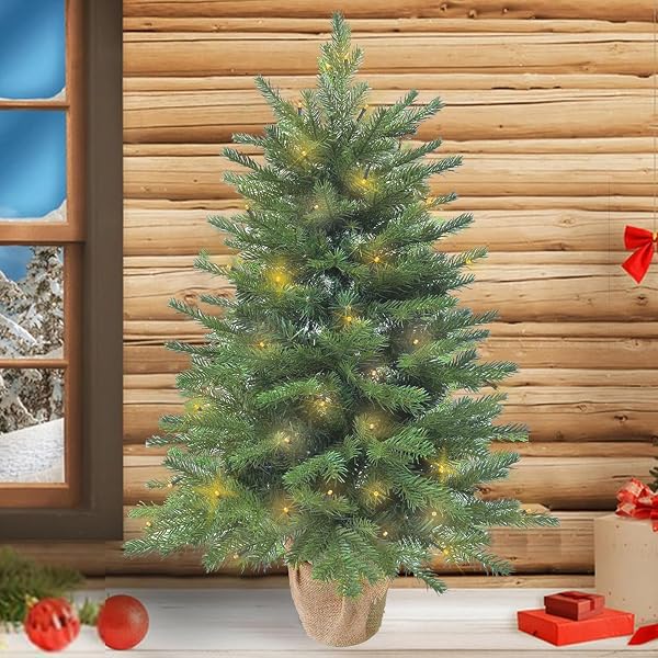 3FT PRE-LIT MINI FIR CHRISTMAS TREE,ARTIFICIAL PINE XMAS TREE,106 PE BRANCHES TIPS & 84 PVC BRANCHES TIPS & UL CERTIFICATION LED LIGHTS & BURLAP WRAPPED BASE FOR TABLETOP DESK,BATTERY OPERATED