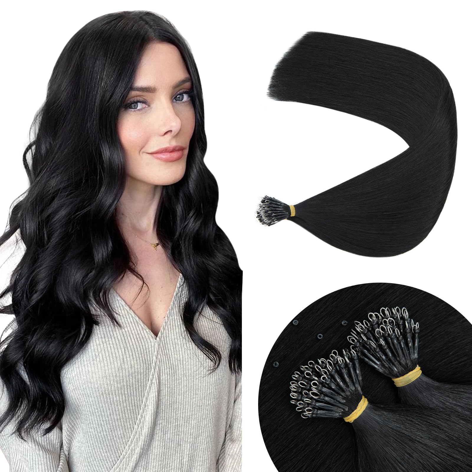 Elailite Nano Ring Hair Extensions Real Human Hair Black With Nano Beads Cold Fusion 50 Strands 50g Straight (#1 Jet Black, 16 Inch) — image 1