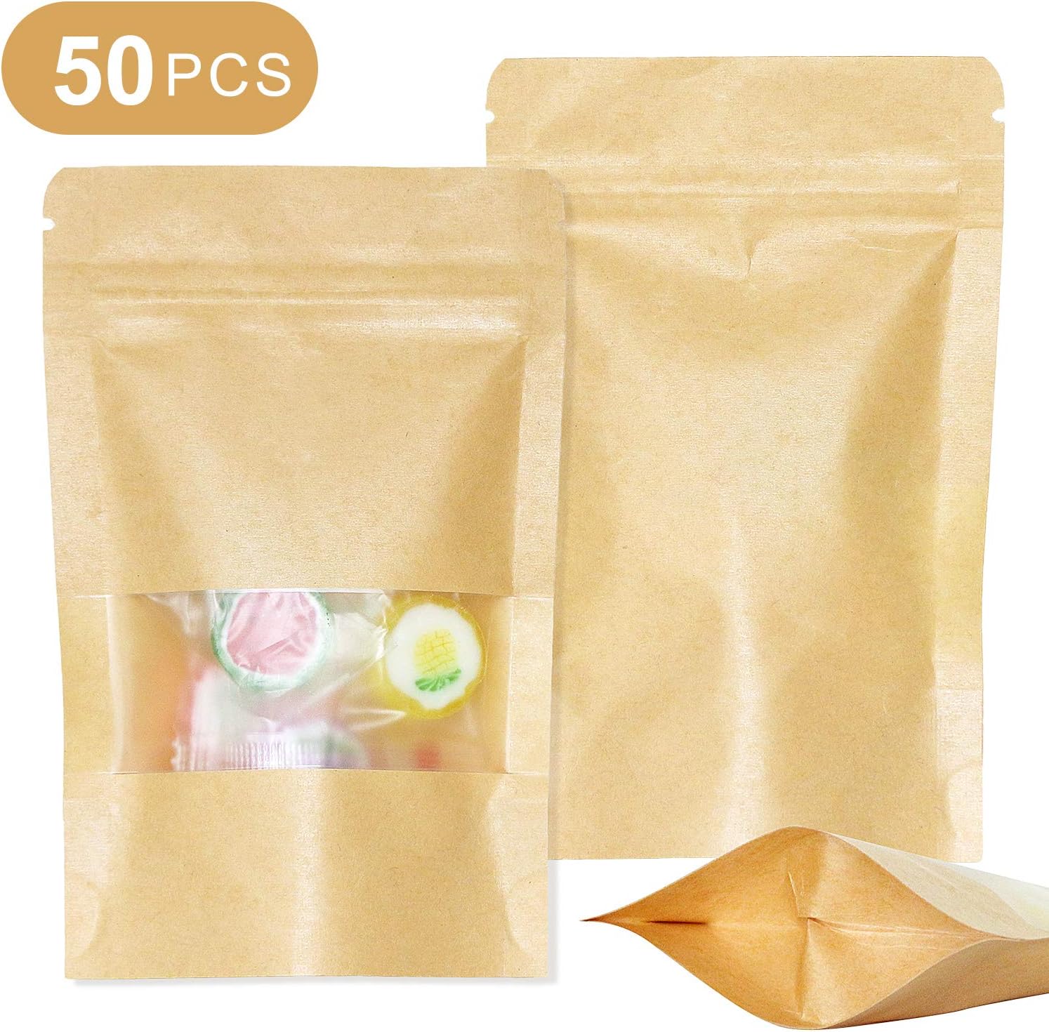 SumDirect 50Pcs Kraft Zipper Stand Up Bags Pouches with Notch and Matte Window (9x14cm), Brown