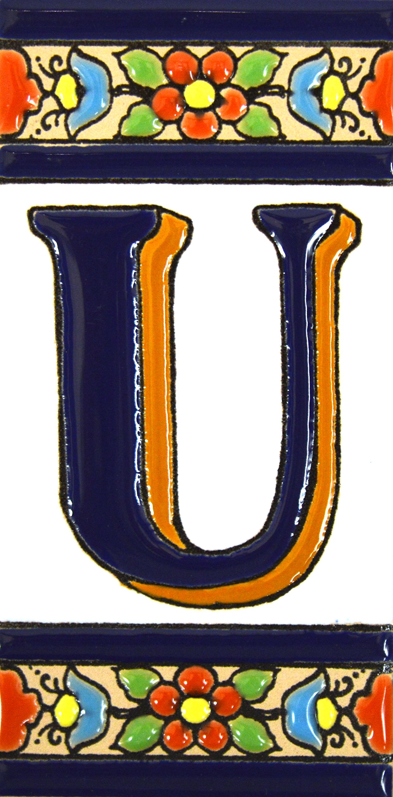 House letters 4 inch. Handpainted house letter tiles for signs, addresses and names. Address numbers for houses. House address numbers and letters. Design FLORES MEDIANO 4,29" x 2,13" (LETTER U) — image 1