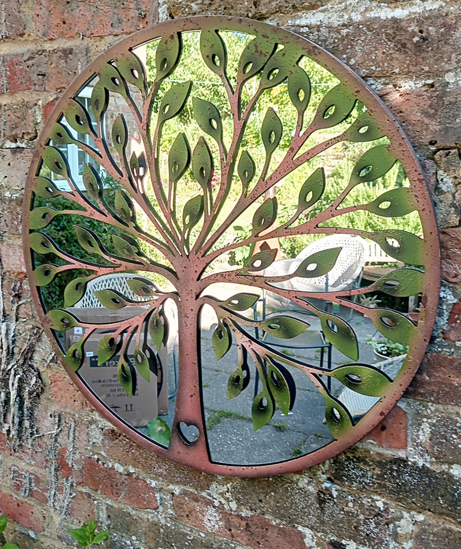 Inspirational Gifting Beautiful green leaf tree of life metal framed wall mirror for your home or garden - 64cm diameter