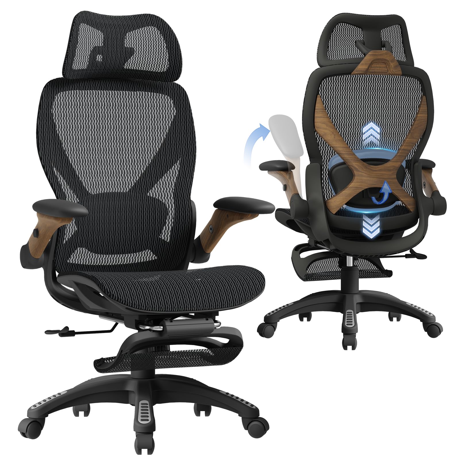 ELABEST X100 Ergonomic Office Chair with Footrest, Big and Tall Home Desk Chair with 5D Flip-Up Arms, Adjustable 3D Lumbar Support,High Back Rolling Computer Chair, Swivel Mesh Chairs (Library Oak)