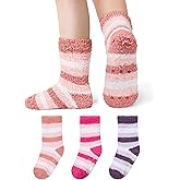 Durio Kids Fuzzy Slipper Socks with Non-Slip Grips - 3 Pairs Cozy Warm Crew Sock for Boys Girls, Soft Toddler Winter Socks