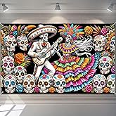 BlissYard 71x43 Inch Day of the Dead Banner Sugar Skull Couple Backdrop Dia de los Muertos Wall Decor Skeleton Music Scene for Halloween Mexican Party Altar Display Indoor Outdoor Use