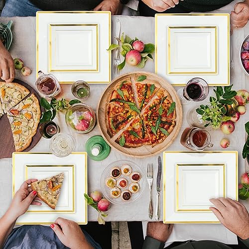 Goodluck 352-Piece Dinnerware Set for 50 Guests Thanksgiving Square  Plastic Plates with Gold Trim, Includes: