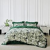 SUSYBAO Dark Green Botanical Duvet Cover King 100% Cotton 3 Pcs Set 1 Farmhouse Emerald Green Ruffle Duvet Cover with Zipper Ties 2 Pillow Shams Jungle Tropical White Floral Bedding Set Soft