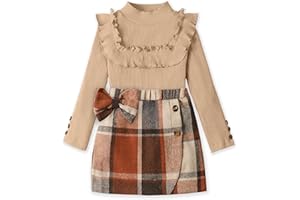 kadoubiyoo Toddler Girl Clothes Turtleneck Knitted Ruffle Long Sleeves Tops & Plaid Bowtie Skirts Set 2PCS Christmas Outfits