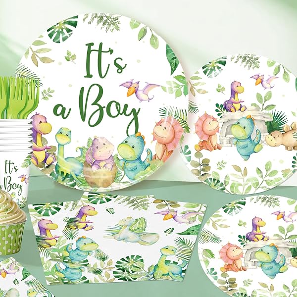 DINOSAUR BABY SHOWER DECORATIONS WITH CAKE TOPPER, HONEYCOMB CENTERPIECES, 25 SERVES DISPOSABLE TABLEWARE SET, BANNER PLATES, NAPKINS, CUP TABLE CLOTH, FOR BABY SHOWER DECORATIONS BOY